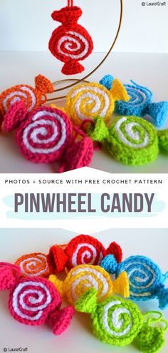 crocheted pinwheel candy is shown in two different colors