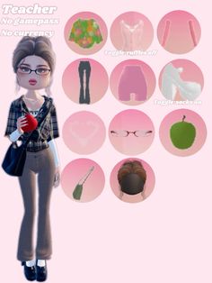 an animated girl with many different outfits and accessories