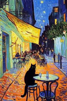 a painting of a black cat sitting at a table in front of a cafe on a city street