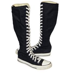 RARE Converse All Star Knee High Boots XX-HI Tall Shoes Women's 6 Black & White. Please see pictures for condition and wear i.e scuffs, scrapes, sole wear, general wear etc. Small black band near heel is a little loose as pictured. Could glue back most likely. Please note that shoe trees are for display purposes only and are not included if pictured above. All pictures are of the item you will receive and were taken by me. Knee High Converse, Rare Converse, Tall Shoes, Shoe Tree, Womens Converse, Moto Boots, Converse All Star, Converse Shoes, Christmas List