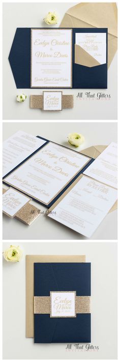 the wedding stationery is made with navy, gold and white paper