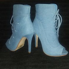 Light Blue Denim Lace-Up Stilettos Super Sexy And Comfortable Brand New Never Been Worn Chic Fitted Denim Blue Heels, Chic Denim Blue Fitted Heels, Trendy Blue Denim Heels, Denim And Lace, Light Blue Denim, Blue Jean, Shoes Women Heels, Blue Jeans, Blue Denim