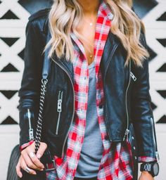 Mode Shoes, Plaid And Leather, Leather Jacket Outfits, Bohol, School Looks, Layering Outfits, Black Leather Jacket