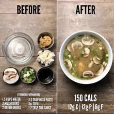 the before and after pictures show how to make soup with mushrooms, celery, broth, and other ingredients