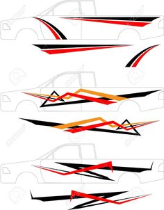 four different car designs with red, black and orange stripes on white background stock photo