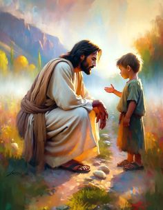 a painting of jesus talking to a child