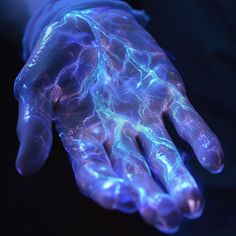 a person's hand with blue and purple lightening on it, in front of a black background