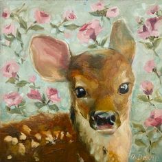 a painting of a baby deer with flowers in the background