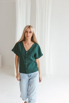 "This linen shirt model is an absolute summer hit model! What making it so popular is loose, oversize design, wide short sleeves, feminine V neckline and authentic front snap buttons. All in all, this combination works so well for busy and elegant women everyday.  This loose linen top is a perfect choice for work, casual wear, trips and vacation.  Nothing compares to a simple, comfortable and elegant linen blouse on a hot summer day! It brings so much fun and comfort wearing it - trust me or ord Plus Size Linen, Formal Shirt, Summer Linen, Shirt Model, Women Formals, Summer Blouses, Linen Blouse, Comfort Wear, Short Sleeve Button Up