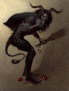 a painting of a demon with horns and claws on his head, holding an apple