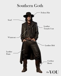 piece. Southern Clothes Men, Black Western Fashion, Southern Goth Fashion, Emo Cowboy Outfit, Gothic Cowboy Outfit, Cowboy Black Outfit, Cowboy Outfit Black, Goth Cowboy Outfit, Gothic Western Fashion