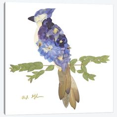 a watercolor painting of a bird on a branch with blue flowers