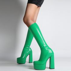 Shop Green Pull On Platform Knee High Boots Chunky Heels Almond Toe Boots color Green for Dancing Club, Date, Music Festival, Night Club with worldwide Free shipping & Free return. Trendy Platform Knee-high Boots With Round Toe, Trendy Knee-high Platform Boots With Round Toe, Polyurethane Platform Knee-high Boots For Party, Knee-high Polyurethane Platform Boots For Spring, Trendy Wide Calf Platform Boots With Block Heel, Polyurethane Knee-high Boots With Round Toe For Party, Polyurethane Knee-high Platform Boots For Spring, Party Knee-high Boots With Platform And Square Toe, Square Toe Platform Knee-high Boots For Party