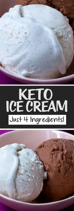 two bowls filled with ice cream on top of a purple tablecloth and the words keto ice cream only 4 ingredients