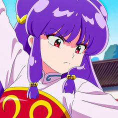 an anime character with purple hair holding a red and yellow object in front of her face