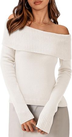 PRETTYGARDEN Women's Fall Off Shoulder Sweaters Y2K Long Sleeve Ribbed Knit Fitted Pullover Winter Date Night Tops Blouse Going Out Outfits For Women, Dressy Clothes, Womens Knit Sweater, Y2k Long Sleeve, Pull Oversize, Cozy Knit Sweater, Off Shoulder Sweater, Pullover Sweater Women, Casual Clothes