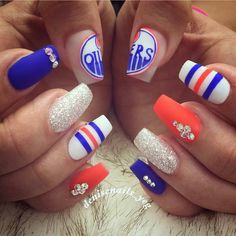 Oilers Nails Edmonton, Edmonton Oilers Nails, Oilers Nails, Hockey Nails Designs, Broncos Nails, Pretty Fingers