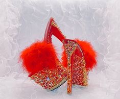 Women's High Heels with Individually placed high quality rhinestones and feathers Handmade with love and care! Luxury High Heels With Feather Trim, Luxury High Heel Heels With Feather Trim, Luxury Feather Trim Heels For Formal Occasions, Glamorous High Heels With Feathers, Glamorous Formal Heels With Feathers, Feather Heels Outfit, Disney Princess Shoes, Feather Heels, Pleaser Heels