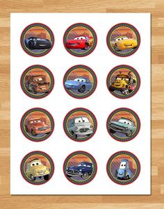 disney cars cupcake toppers on a wooden table