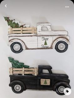 a wooden truck with a christmas tree in the back