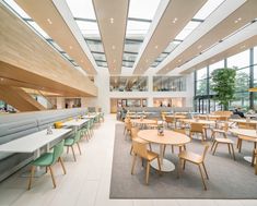 an empty restaurant with tables and chairs in the center, along with lots of windows