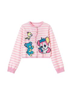 SHOWA BEAR CARTOON STRIPED KNITTED CARDIGAN Cute Striped Long Sleeve Sweater, Cute Cartoon Print Spring Sweater, Bear Cartoon, Knitted Cardigan, Style Me, Sleeve Length, Fashion Outfits, Pink, How To Wear