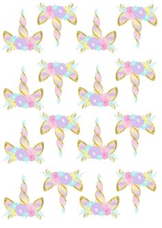 a bunch of butterflies that are in the shape of flowers on a white background with gold glitter