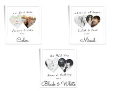 four different wedding cards with hearts and the names of each couple on them, all in black and white