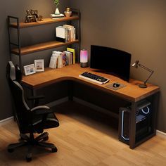 a corner desk with a computer on it in front of a bookshelf and shelves