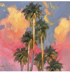 a painting of palm trees against a pink sky