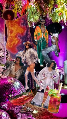 a collage of people dressed up in disco outfits and hats, surrounded by tropical foliage