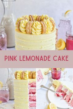 the pink lemonade cake is ready to be cut into pieces and put on plates