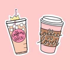 two coffee cups with the words coffee queen and coffee lover written on them, against a pink background