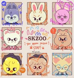 six different colored cats and kittens with the words skzoo written on them in various languages