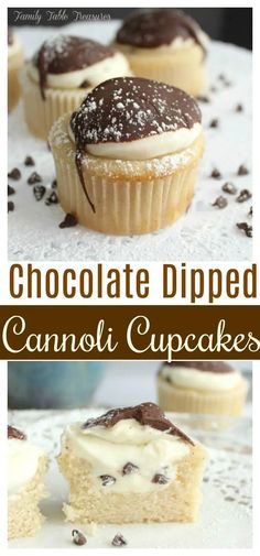 chocolate dipped cannoli cupcakes with white frosting