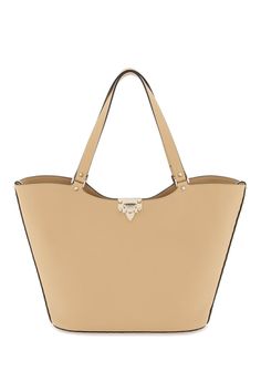 This Valentino Garavani tote bag is made of hammered leather and embellished with iconic platinum studs on the edges and base. It features a double handle, a hook closure, and a smooth leather interior with an open pocket and a carabiner to adjust the width. Leather Handbags Tote, Leather Cap, Beach Tote Bags, Womens Tote, Handbag Backpack, Womens Tote Bags, Small Bags, Valentino Garavani, Belt Bag