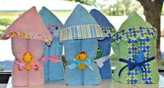 several towels are lined up on a table