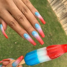 Red White And Blue French Nails, Blue Red Ombre Nails, One Hand Red One Hand Blue Nails, Long 4th Of July Nails, Red And Blue Ombre Nails, Red White And Blue Ombre Nails, 4th Of July Nails Acrylic, 4 Of July Nails, 4th Of July Acrylic Nails