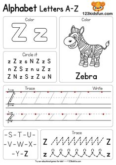 an alphabet worksheet with zebras and letters