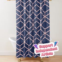 a shower curtain with the words support independent artists in pink and blue colors on it