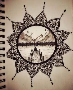 a drawing of a person sitting on a dock in the middle of a lake surrounded by mountains