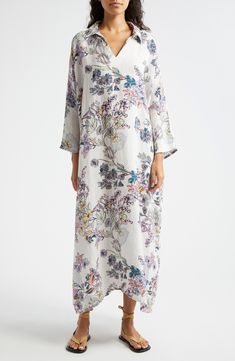 Detailed blooms lend intricate beauty to a linen cover-up caftan that's designed with a simple spread collar and fluted bracelet-length sleeves. 49" length (One Size) Slips on over head Spread collar; V-neck Bracelet-length sleeves 100% linen Dry clean Imported Designer Clothing Elegant Linen Dress With Floral Print, Elegant Linen Kaftan For Summer, Elegant Spring Kaftan With Relaxed Fit, Spring Linen Long Sleeve Kaftan, Elegant Spring Kaftan For Loungewear, Linen Kaftan For Daywear, Neck Bracelet, Style House, Clothing Items