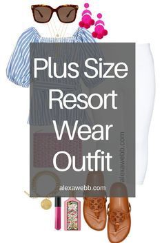 the words plus size resort wear outfit surrounded by shoes, sunglasses and other items on a white background