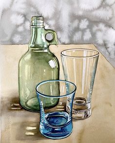 a painting of two glasses and a green bottle on a table with clouds in the background