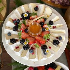 two plates with fruit and cheese on them, one has a honey dip in the middle