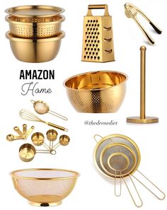 gold kitchen accessories are featured in this image