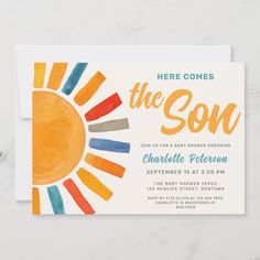 Invite family and friends to your sun-themed baby shower with this cute sunshine boys' baby shower invitation. It features the text "Here Comes The Son" in stylish typography with a colorful watercolor sun on a soft cream background. The back is decorated with a sun pattern. Easily customizable. Original Watercolor © Michele Davies. Sunshine Baby Shower Invitations, Sun Pattern, Colorful Watercolor, Baby Shower Planning