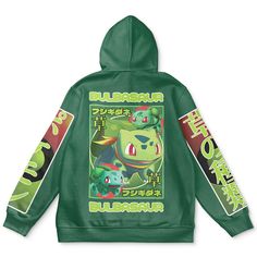 a green hoodie with an image of pokemon on it