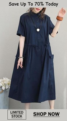 Women Summer Design Cotton Dresses Loose Solid Clothes Casual Half Sleeve Solid Color Dress, Casual Cotton Midi Dress Solid Color, Casual Solid Color Cotton Midi Dress, Casual Cotton Midi Dress In Solid Color, Casual Solid Color Midi Dress With Half Sleeves, Blue Relaxed Fit Solid Color Dress, Casual Half Sleeve Midi Dress In Color, Casual Half Sleeve Midi Dress, Relaxed Fit Blue Dress