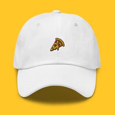 Embroidered Pizza Hat. Minimalistic Scandinavian Style. Adjustable Hat. Several Colors. Pizza Gift. This is our Embroidered Pizza Hat. A hat that has a minimalistic Scandinavian design with an embroidered print that will show the world what you love in a subtle but classy way.  The hat has an unstructured form, a curved visor, and an adjustable buckle strap. Made out of 100% chino cotton twill, it will not only be classy but also very comfortable to wear. 🎬 Video 🎬  Watch the attached video to Casual White Embroidered Dad Hat, White Embroidered Casual Dad Hat, White Embroidered Baseball Cap With Flat Brim, White Embroidered Flat Brim Hat, White Embroidered Visor Baseball Cap, White Embroidered Dad Cap, Pizza Hat, Pizza Hoodie, Pizza Gifts